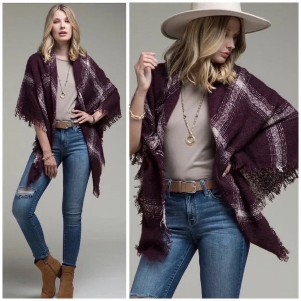 Burgundy Plaid Frayed Fringe Blanket Scarf